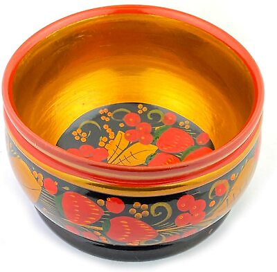 #ad D Khokhloma Bowl Russian Souvenir With a Red and Gold Floral Design $36.99