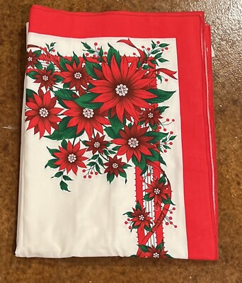 #ad Vintage Christmas Tablecloth Poinsettia Holly amp; Ribbon 62 x 81 $28.00