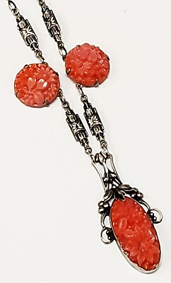 #ad Antique 30#x27;s Art Nouveau Molded Coral Glass Sterling Silver Station Necklace $128.00