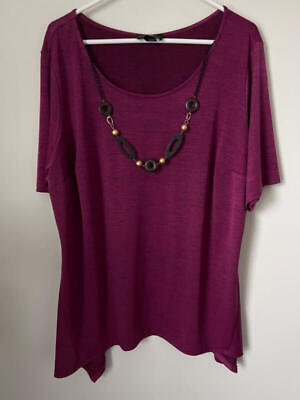 #ad AGB Womens Pullover Top Short Sleeve Asymmetric Hem Necklace Magenta Plus 2X $14.98
