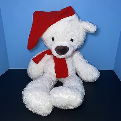 #ad Gund Plush Plush White Bear Red Ribbed Santa Hat Scarf Floppy Toy Lovey Soft 21quot; $15.99