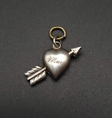 #ad Small Puffy Heart w Arrow Cupid Vintage Bracelet Charm Sterling Silver #x27;Mom#x27; $21.99