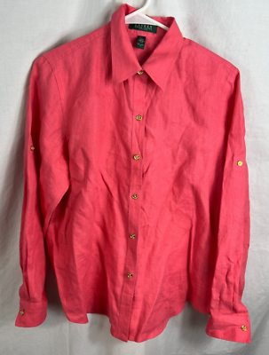 #ad Ralph Lauren Green Label Blouse Shirt Women P L Pink 100% Linen Button Down Gold $14.63