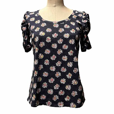 #ad LOFT Vintage Soft Floral Tee Top Woman size XS Short Ruched Sleeve Cotton Black $5.99