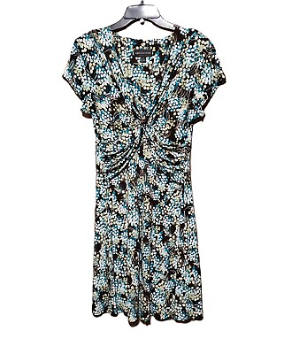 #ad Connected 12 Women#x27;s Brown Blue Green Floral Dotted Ruched Stretch Dress Midi $11.04
