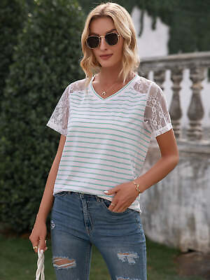 #ad Lace Detail Striped V Neck T Shirt $25.99