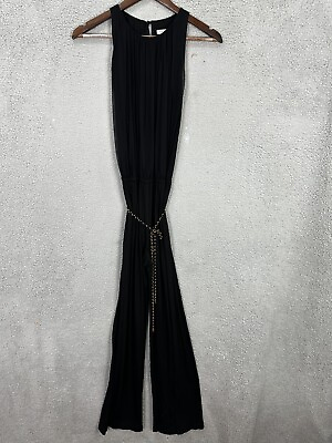 #ad Trina Turk jumpsuit womens medium Black Sleeveless Jumper wide leg gold tie belt $26.99