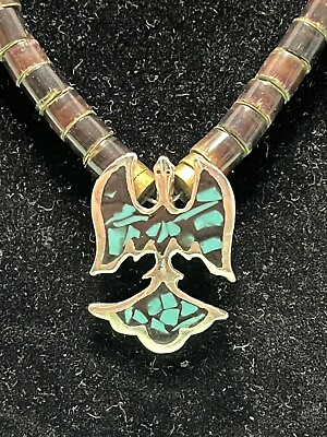 #ad Native American necklace Thunderbird turquoise chip shell bead 16” barrel clasp $156.87