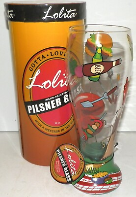 #ad Lolita Pilsner Glass Hand Painted quot;Backyard Barbequequot; 22oz Never Used w Box $12.95