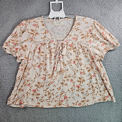 #ad Lucky Brand Top Blouse Women Large Tie Neck Elastic Cuff Floral Short Sleeve $14.99