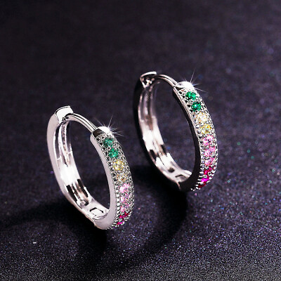 925 Silver Women Wedding Jewelry Luxury Round Cut Cubic Zircon Hoop Earring C $2.86