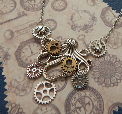 #ad Steampunk Necklace Octopus Pendant Silver Cosplay Unisex Oddities Chain Gears $18.99