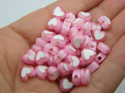 #ad 100 heart beads pink white acrylic AB312 $4.70