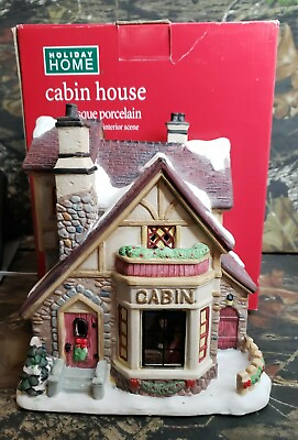 #ad Holiday Home Cabin House Bisque Porcelain W Interior Scene Christmas Village $24.99