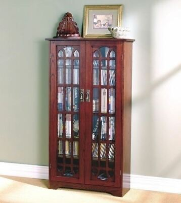 #ad Cherry Finish Wooden Media Cabinet 6 Shelf CD DVD Storage Tower Glass Door Stand $283.90