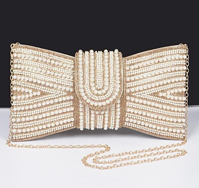 #ad BNWT Brand New Pearl Studs Metallic Bow Tie Clutch Handle Bag GOLD $30.00