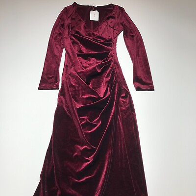 #ad Dirass Dress Womens Sz Small Red Wine Velvet Cross Bodice Ruched Elegant Evening $29.99