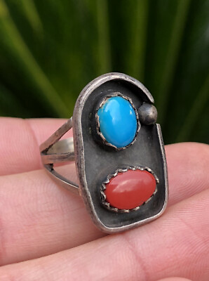 #ad Vtg Navajo Native American Blue Turquoise amp; Coral Sterling Silver Shadowbox Ring $55.15