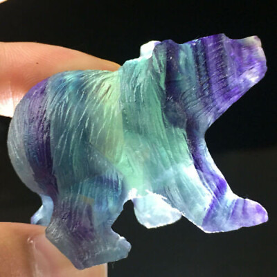 #ad 2quot; Hand Carved Rainbow Fluorite Bear Natural Stone Quartz Crystal Healing Decor $14.25