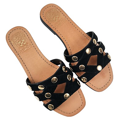 #ad NWOB Vince Camuto Vazista Suede Sandals Women Size 6 Black Gold Studded Slides $25.95