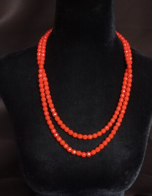 #ad Stunning Multifaceted Brilliant Red 2 Strand Coral Glass Bead Necklace Hard... $129.00