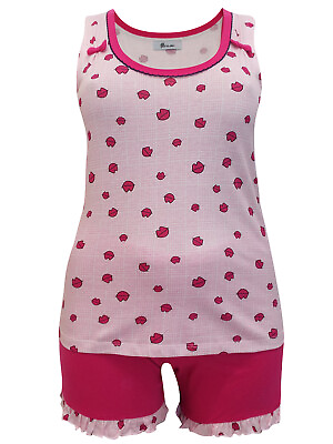 #ad Italian Mi a mi Ladies Pink Mix Lip Print Frill Hem Cotton Shortie Pyjama Set GBP 11.99
