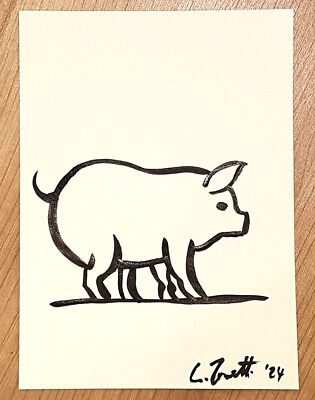 #ad CHRIS ZANETTI Original Ink Sketch Drawing Minimalist PIG Art Animal 8x6 Signed $9.80