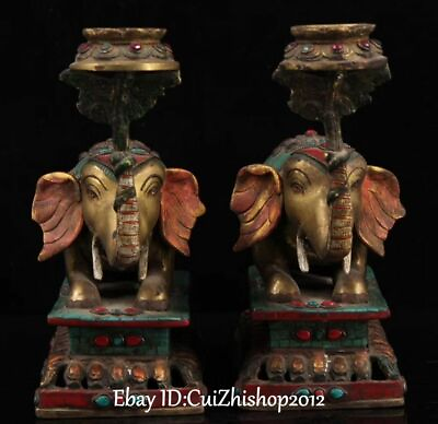 #ad Old Tibet Turquoise Coral Bronze Gem Elephant Zun Candle Holder Candlestick Pair $831.60