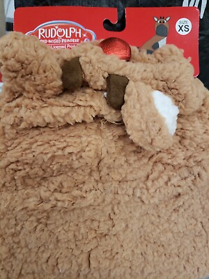 #ad Rudolph Red Nosed Reindeer Pet Costume XS Brown Cream Hooded Dog Jacket Vest $3.74