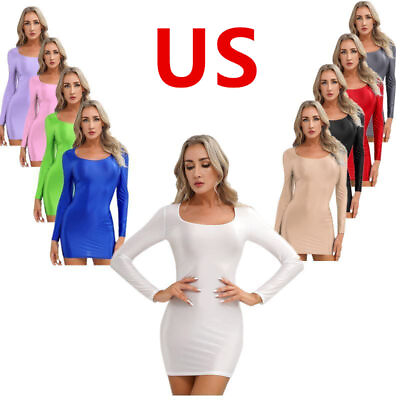 #ad US Womens Glossy Smooth Bodycon Club Mini Dress Long Sleeve Round Neck Pencil $13.79