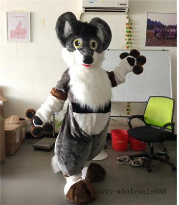 #ad Halloween Long Fur Grey Husky Dog fox Mascot Costume Cosplay Party Dress Xmas $467.07