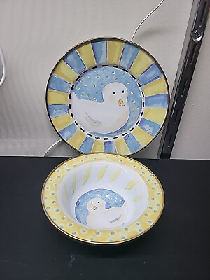 #ad MacKenzie Childs Yellow Duck Enamel 2 Piece Children#x27;s Set Plate and Bowl $35.00