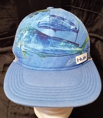 #ad Huk KC Scott Northdrop Mens Snapback Trucker Hat Cap Mesh Blue Adjustable Fish $10.99
