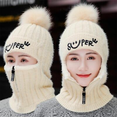 #ad Winter Warm Knitted Hats Casual Beanie Zipper Pompom Cap Women Fashion Headwear $27.73