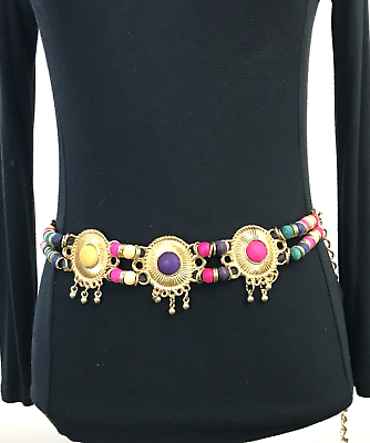 #ad Women#x27;s Chain Belt Gold One Size VTG Beaded Boho Tribal Hippie Casual Ladies $25.49