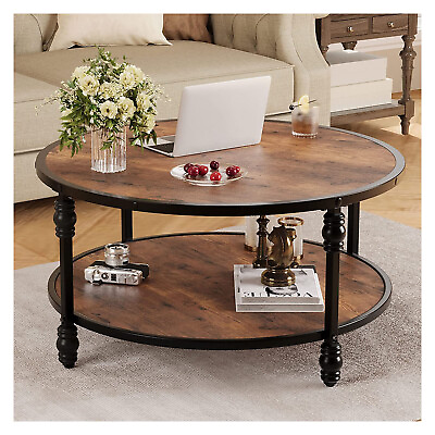 #ad Rustic Round Wooden Coffee Table Home Furniture for Living Room Decor 2 Tier US $123.90