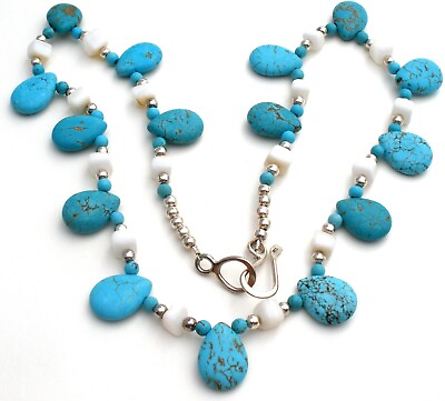 #ad Blue Turquoise amp; White Agate Bead Necklace Sterling Silver 21quot; Long Vintage $139.00