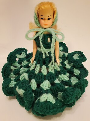 #ad Vtg Southern Belle Boudoir Bed Doll Hand Crochet Green Dress Bonnet Panties $18.00