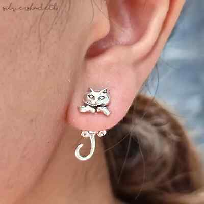 #ad Hanging Cat Stud Earrings Silver $12.94