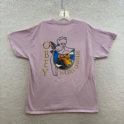 #ad Obey Worldwide T Shirt L Large Mens Pink Cherub Angel Graphic Skate Short Sleeve $14.00