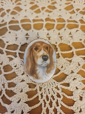 #ad Cute Vintage Porcelain Cameo Spaniel Puppy Dog Oval 60#x27;s Brooch $8.99