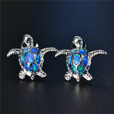 #ad 1 Pair Stud Woman Fashion Turtle Earring Blue Fire SilverCharm Opal NEW $6.42
