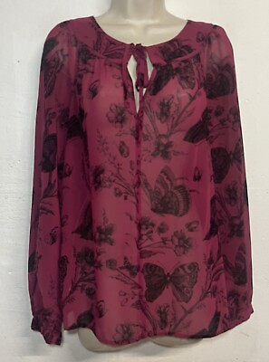 #ad LOFT Medium Blouse Maroon Black Butterfly Print Long Sleeve Semi Sheer Top $9.20