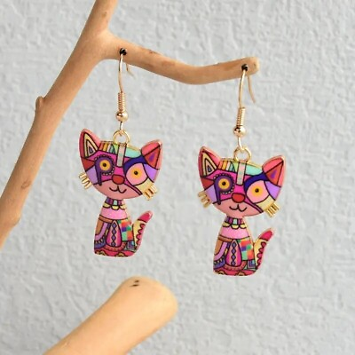 #ad Lovely Cat Design Dangle Earrings Cartoon Zinc Alloy Jewelry Gift Women Red Pink $69.98