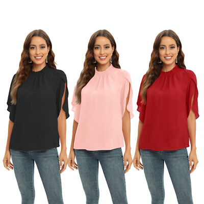 #ad Women Chiffon Blouse Solid Color Tops Short Sleeve OL Shirt Crew Neck T Shirts $11.71