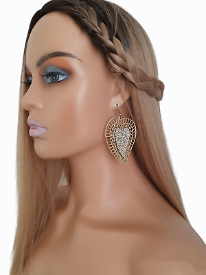 #ad Pretty gold tone amp; diamante leaf design lightweight drop earrings 7cm long GBP 3.45