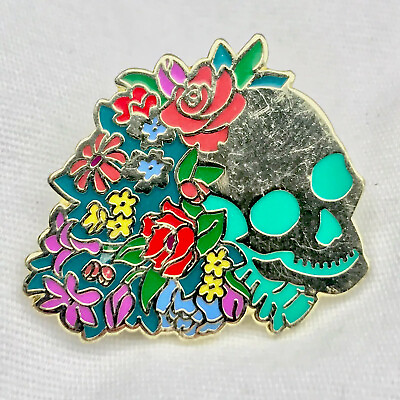 #ad Skull Gold Tone Flowers Pin Horror Witch Goth Emo $9.45
