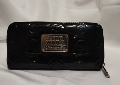 #ad Loungefly Star Wars Wallet Black Patent Leather Faux 4 Pouchs 8 Card Slots 2 Zip $35.00