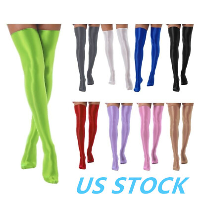 #ad US Women#x27;s Shiny Glossy Thigh High Stockings Solid Color Elastic Over Knee Socks $8.69