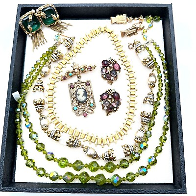#ad Vintage Estate Jewelry Lot Green Crystal Antique Satin Glass Rhinestones $98.99